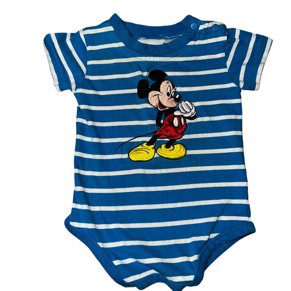 Vintage Disney Store Mickey Mouse embroidered  infants blue striped bodysuit  3m